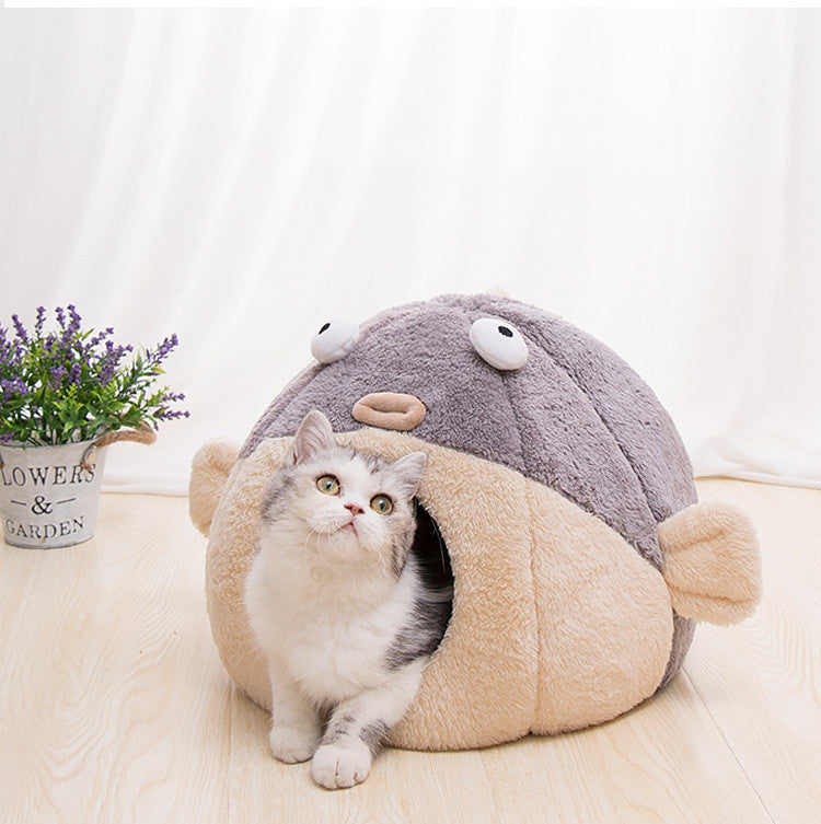 KFX-3636541 Cozy All-Season Cat House with Velvet Pufferfish Nest Pad