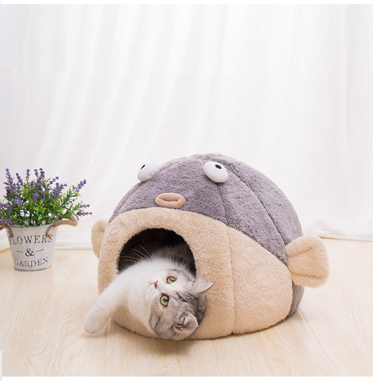 KFX-3636541 Cozy All-Season Cat House with Velvet Pufferfish Nest Pad