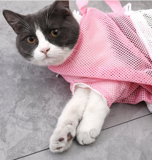 KFX-3640125 Pet Bathing Bag for Cats - Simple Mesh Design in Pink, Gray, and Green