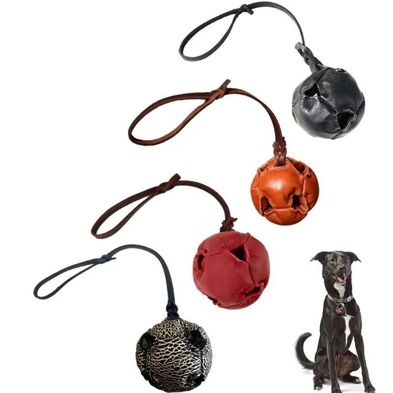 KFX-3640893 Leather Dog Training Bite Ball Toy with Handle for Tug and Fetch Play