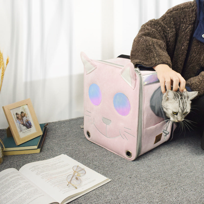 KFX-3655997 Stylish Space Capsule Cat Backpack in Pink, Yellow, and Blue - Medium to Hard Corduroy Design
