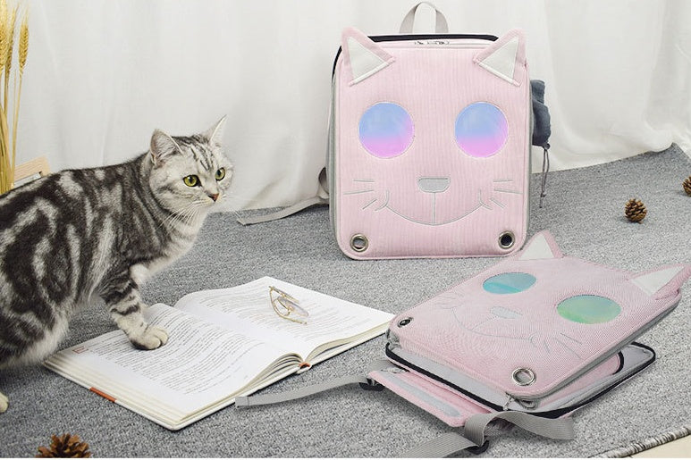 KFX-3655997 Stylish Space Capsule Cat Backpack in Pink, Yellow, and Blue - Medium to Hard Corduroy Design