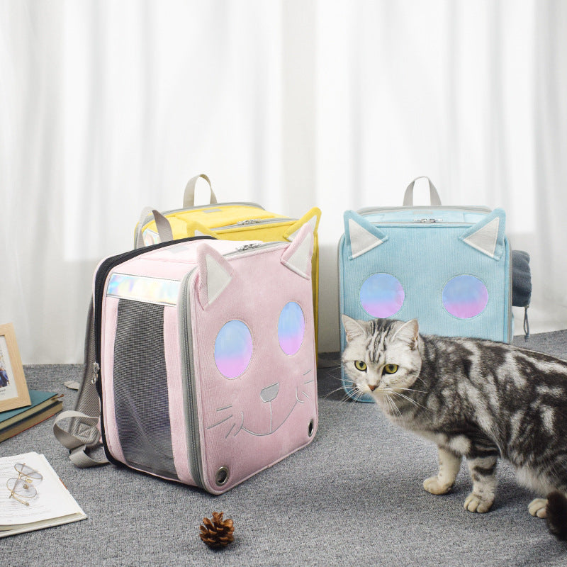 KFX-3655997 Stylish Space Capsule Cat Backpack in Pink, Yellow, and Blue - Medium to Hard Corduroy Design