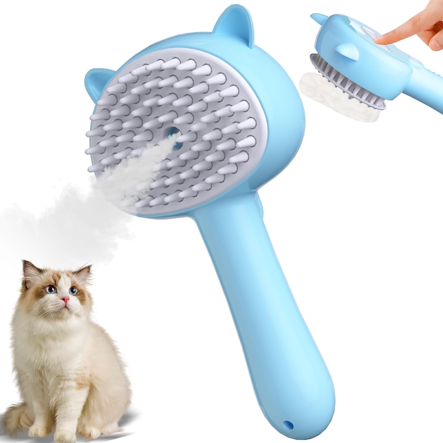 KFX-3657917 4-in-1 Cat Steam Brush with Handle, Rubber Pet Misting Brush, Easy Release for Grooming Dogs and Cats