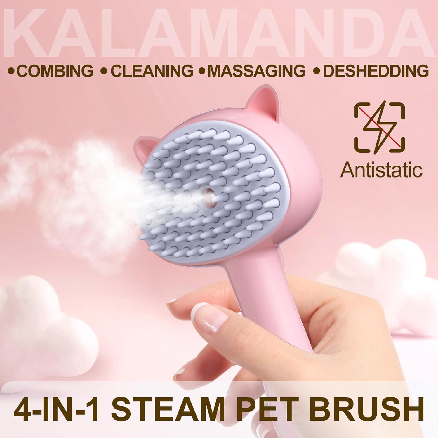 KFX-3657917 4-in-1 Cat Steam Brush with Handle, Rubber Pet Misting Brush, Easy Release for Grooming Dogs and Cats