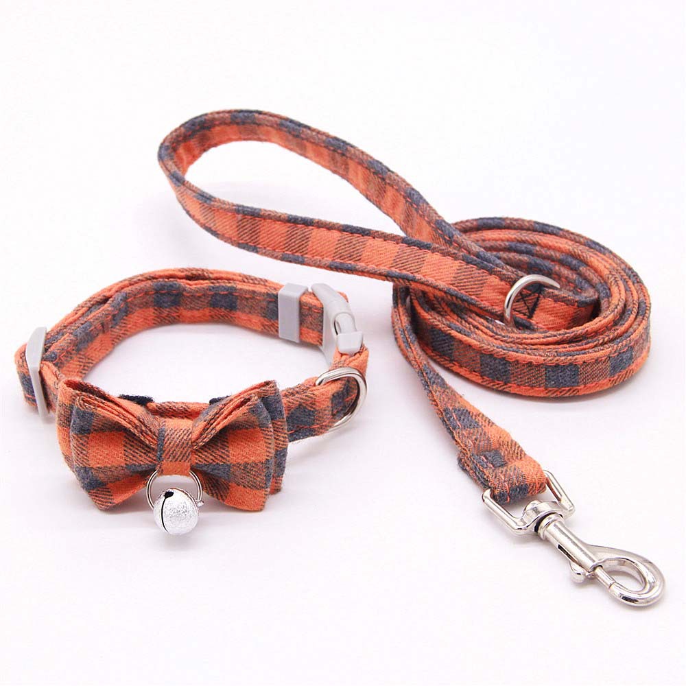 KFX-3659325 Plaid Cat Bell Collar with Butterfly Bow Tie and Optional Leash