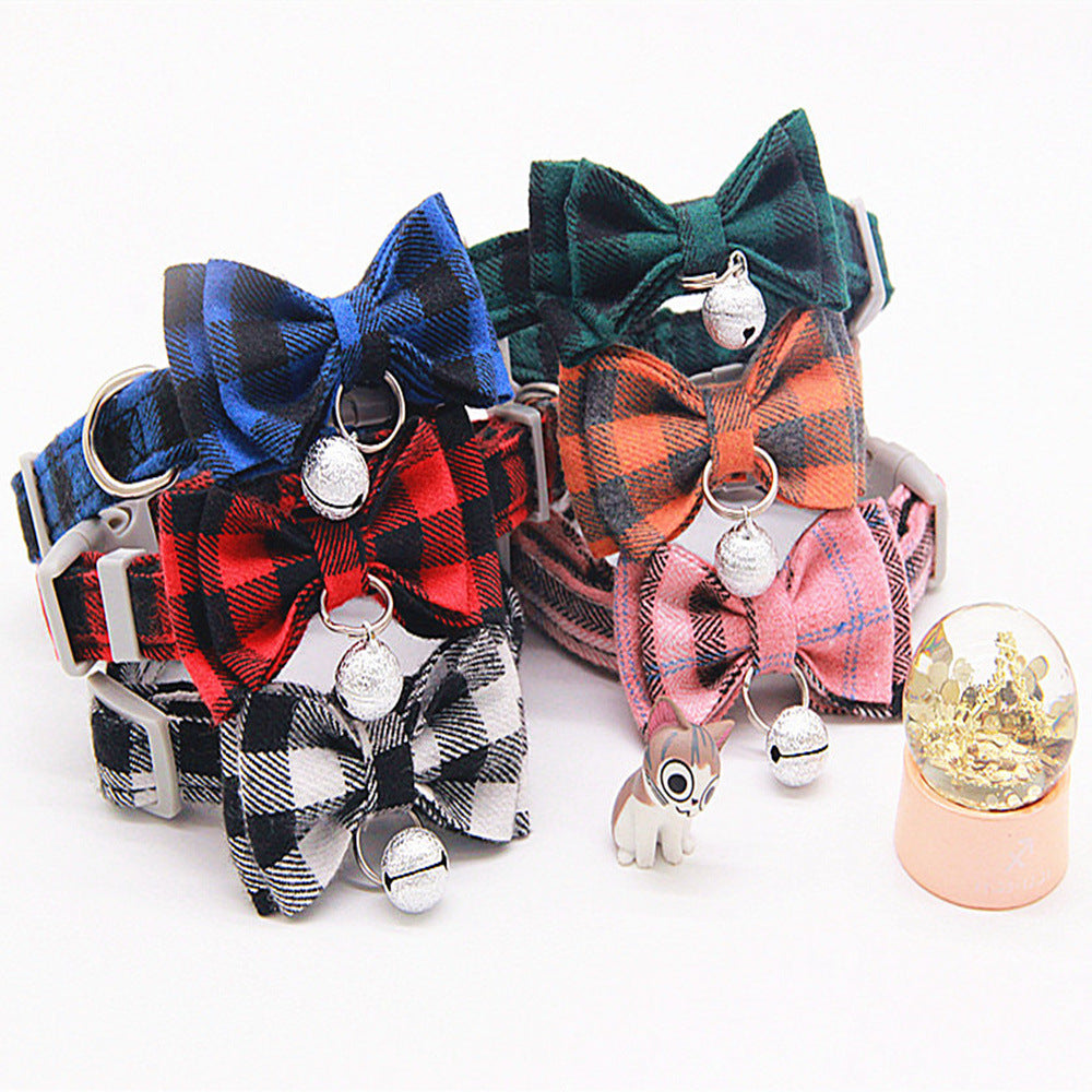 KFX-3659325 Plaid Cat Bell Collar with Butterfly Bow Tie and Optional Leash