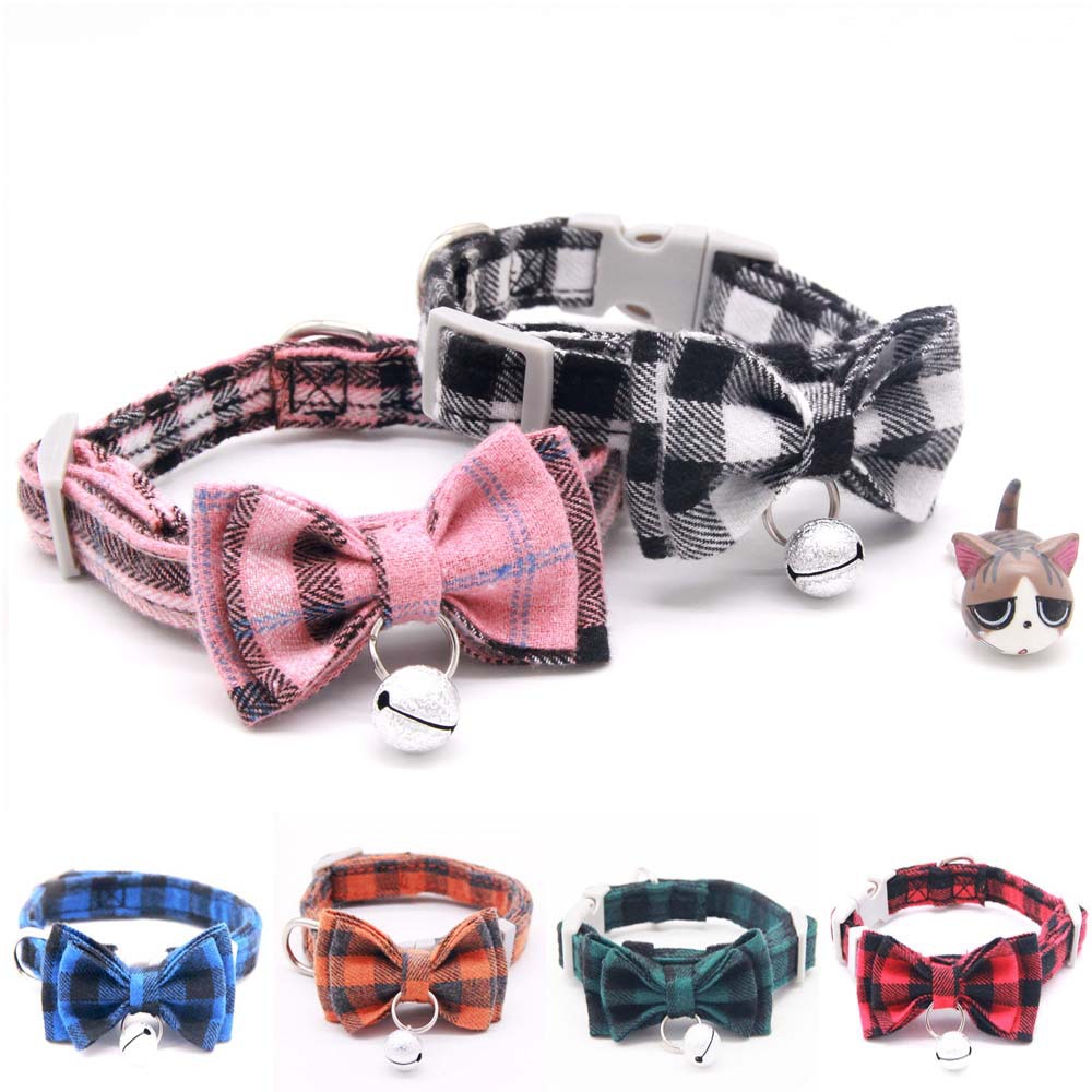 KFX-3659325 Plaid Cat Bell Collar with Butterfly Bow Tie and Optional Leash