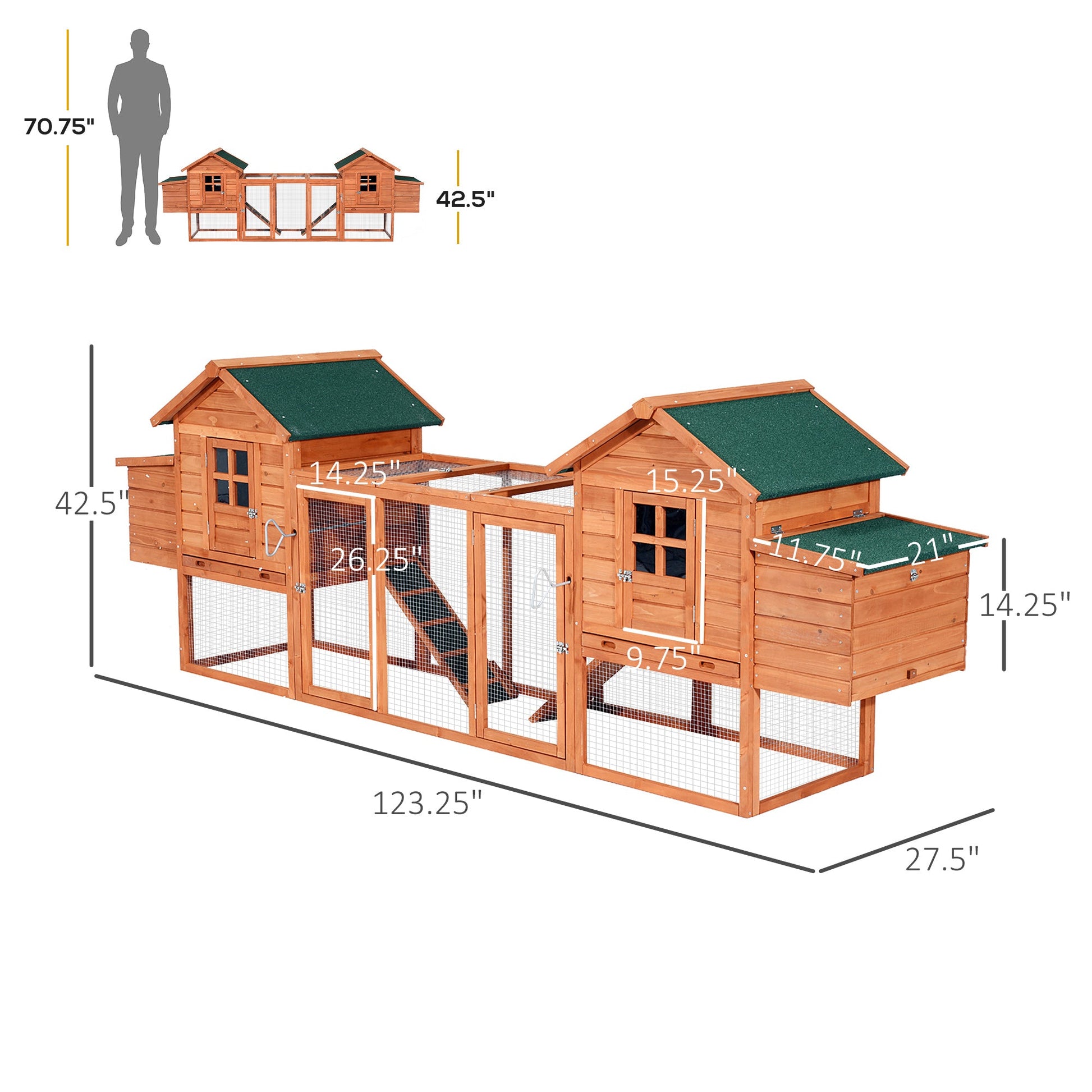KFX-3663165 Large Dual Chicken Coop with Nesting Boxes and Outdoor Ramps for Backyard Poultry