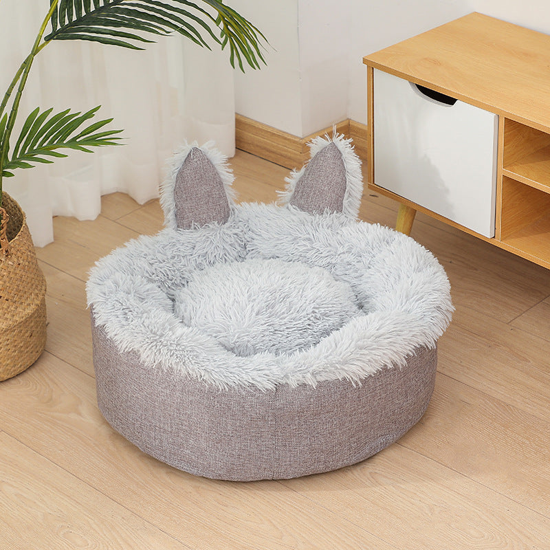 KFX-3663549 Cozy Cat Ear Plush Bed with Non-Slip Bottom for Indoor Cats - Machine Washable and Removable Cushion