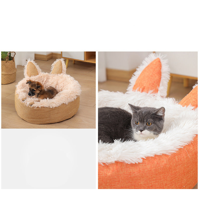 KFX-3663549 Cozy Cat Ear Plush Bed with Non-Slip Bottom for Indoor Cats - Machine Washable and Removable Cushion