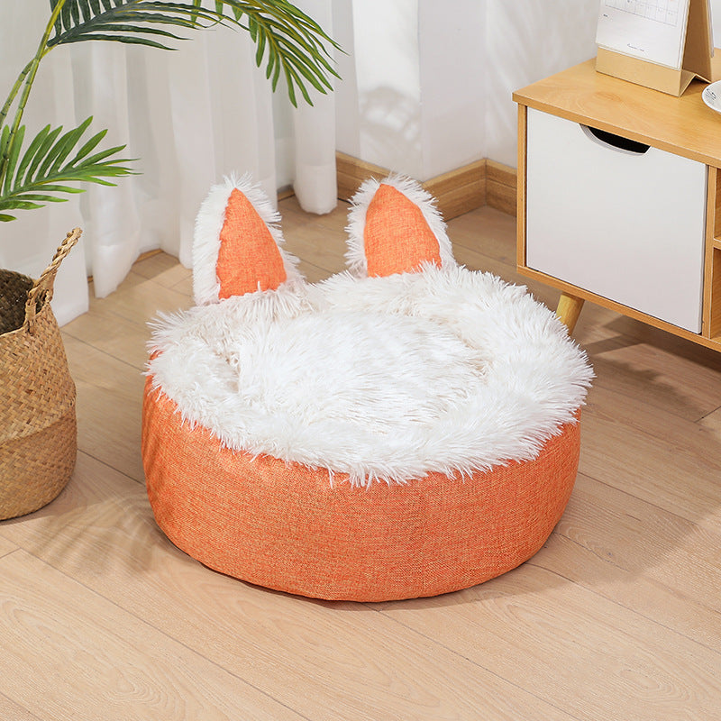 KFX-3663549 Cozy Cat Ear Plush Bed with Non-Slip Bottom for Indoor Cats - Machine Washable and Removable Cushion
