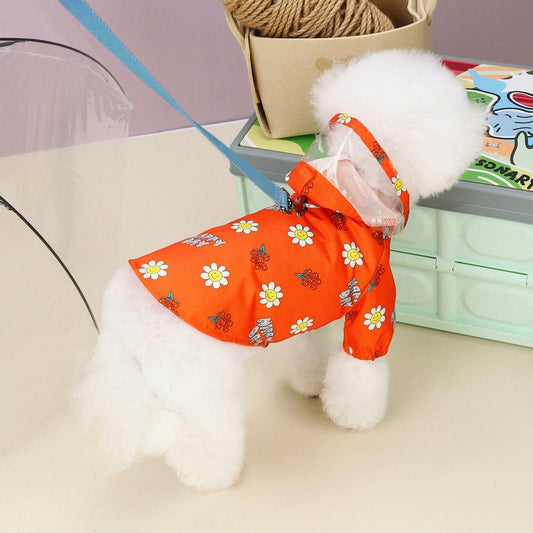 KFX-3672637 Transparent Dog Raincoat with Pull Ring for All Seasons - Small Flower Design in Orange and White