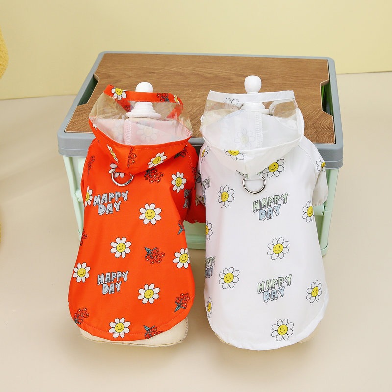 KFX-3672637 Transparent Dog Raincoat with Pull Ring for All Seasons - Small Flower Design in Orange and White