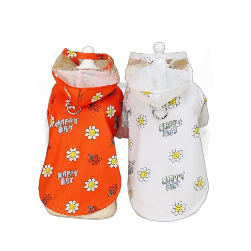 KFX-3672637 Transparent Dog Raincoat with Pull Ring for All Seasons - Small Flower Design in Orange and White