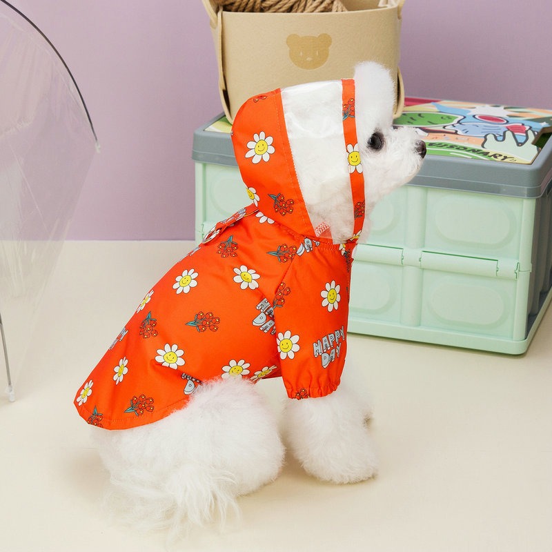 KFX-3672637 Transparent Dog Raincoat with Pull Ring for All Seasons - Small Flower Design in Orange and White