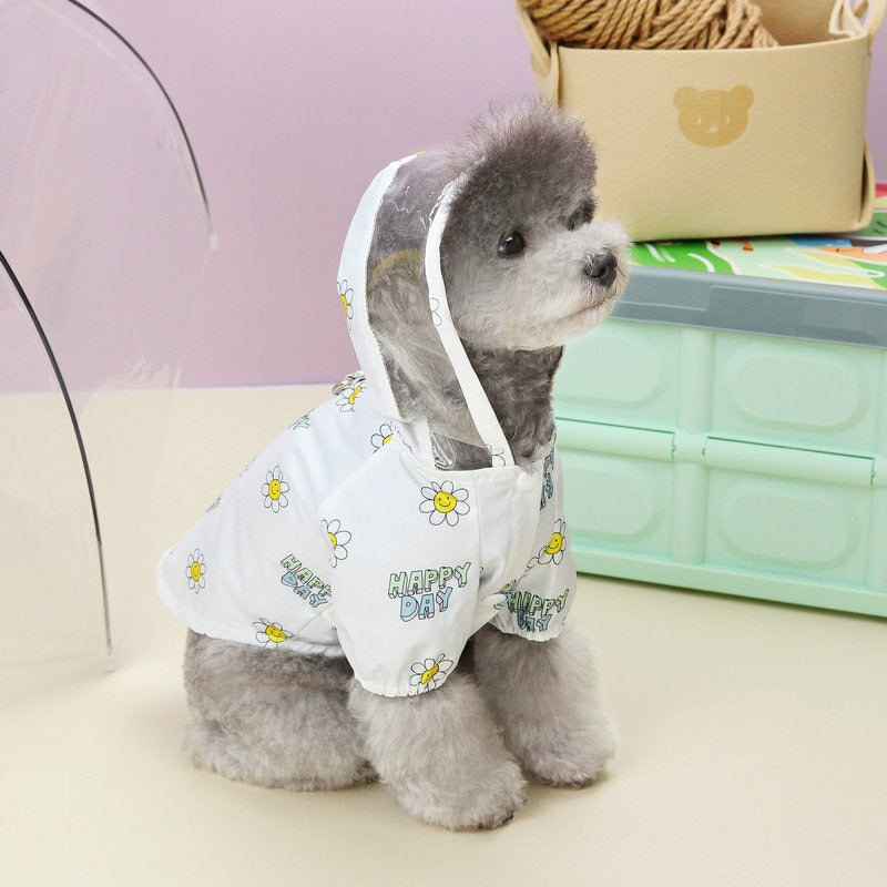 KFX-3672637 Transparent Dog Raincoat with Pull Ring for All Seasons - Small Flower Design in Orange and White