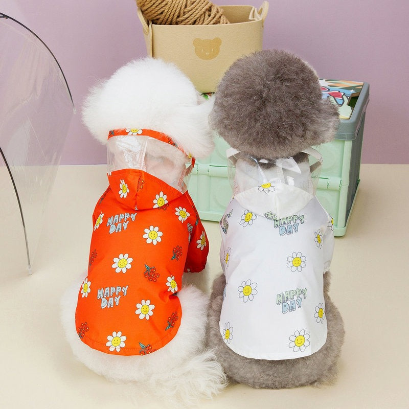 KFX-3672637 Transparent Dog Raincoat with Pull Ring for All Seasons - Small Flower Design in Orange and White