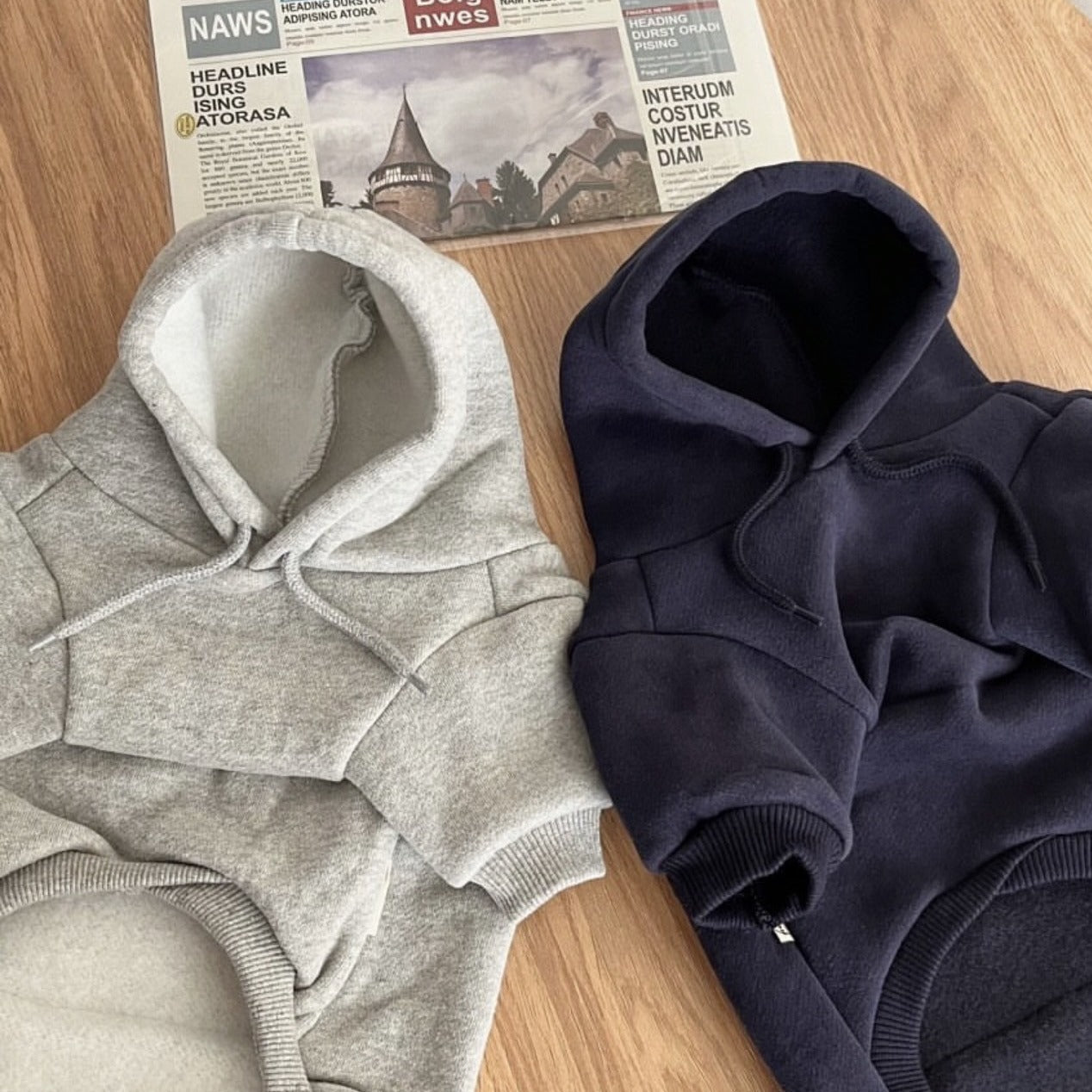KFX-3676093 Cozy Hooded Sweater for Small Puppies and Cats - Gray & Dark Blue, Sizes XS to XL