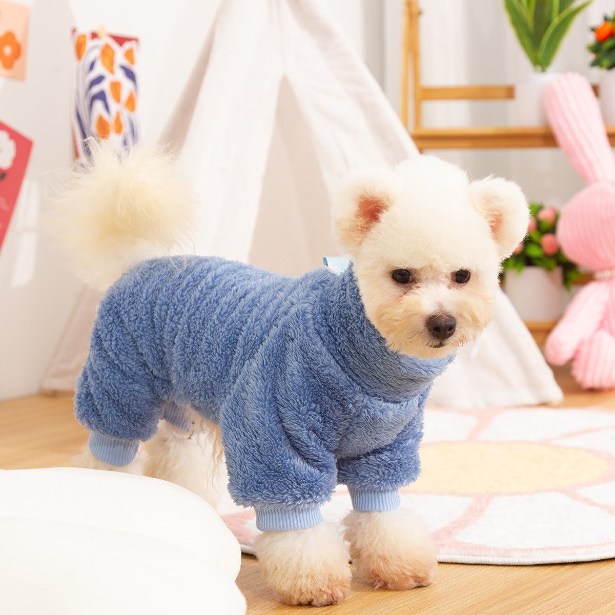 KFX-3687101 Double-Sided Velvet Pet Dog Clothing for Autumn and Winter with High Collar and Towing Ring
