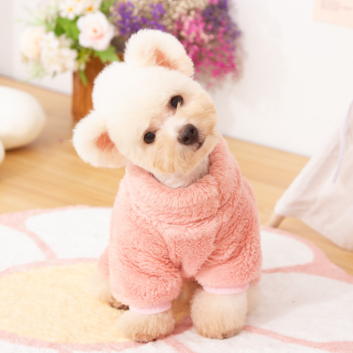 KFX-3687101 Double-Sided Velvet Pet Dog Clothing for Autumn and Winter with High Collar and Towing Ring