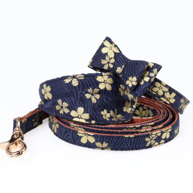 KFX-3692861 Adjustable Leather Pet Collar and Leash Set - Blue Triangle Scarf and Bow Design
