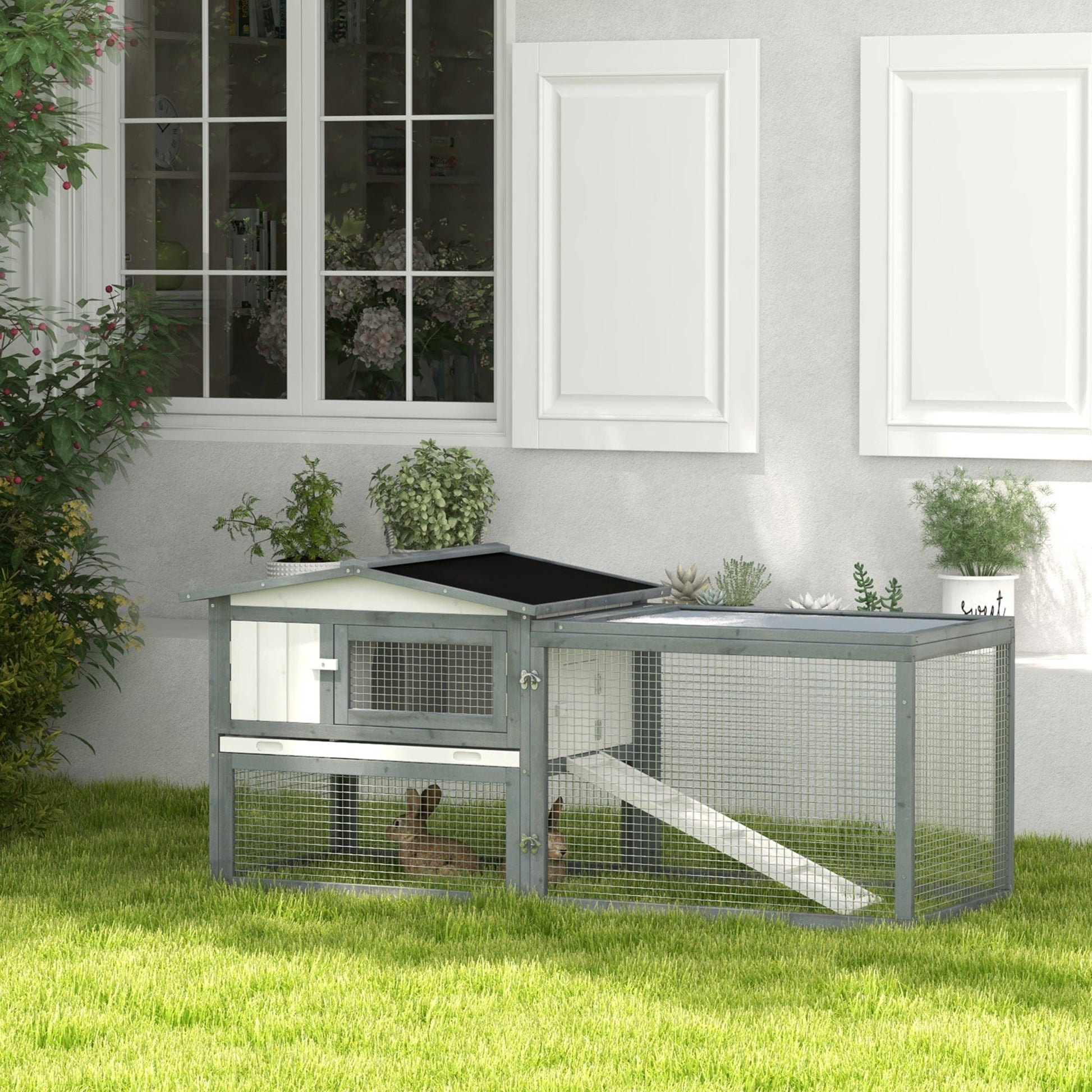 KFX-3695933 Large Outdoor Rabbit Hutch with Run, Removable Tray, Feeding Trough, and Ramp - Weatherproof Design in White