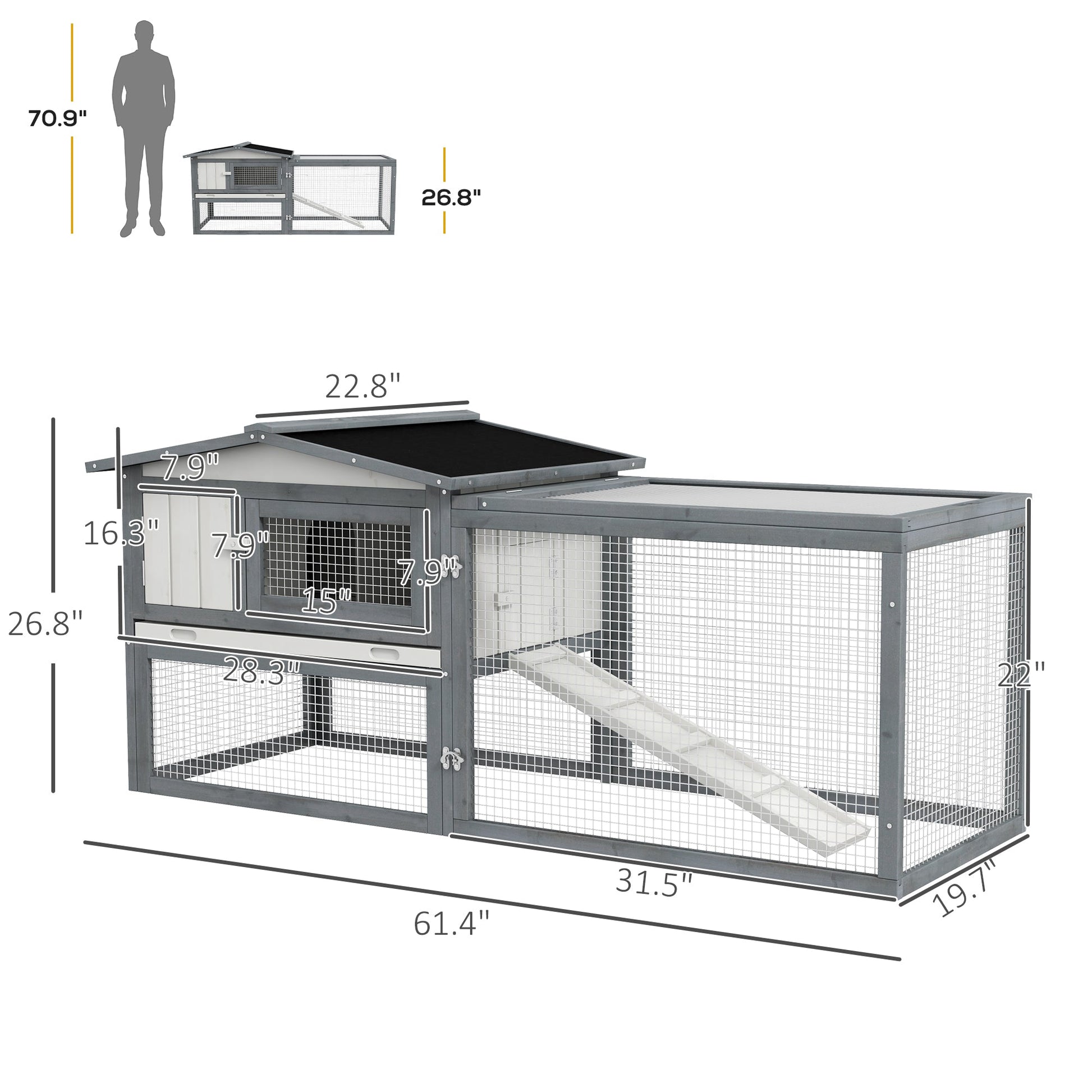KFX-3695933 Large Outdoor Rabbit Hutch with Run, Removable Tray, Feeding Trough, and Ramp - Weatherproof Design in White