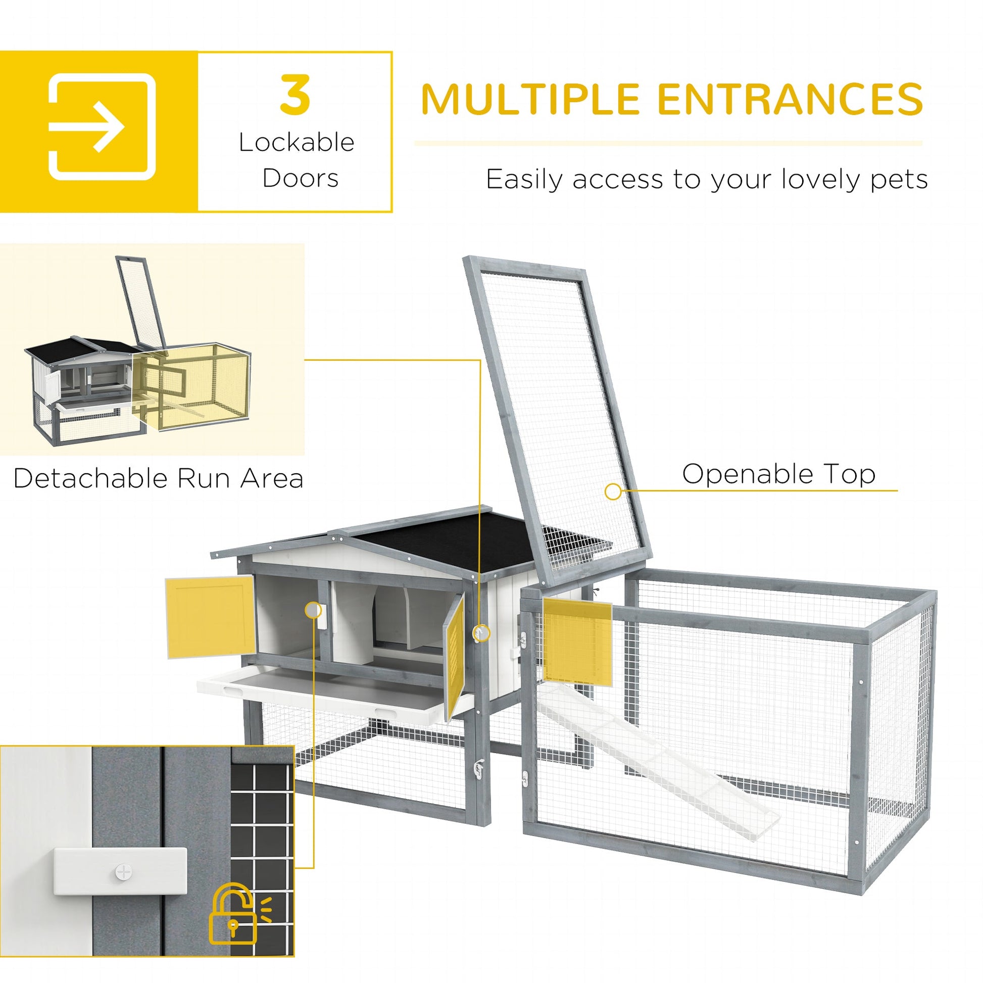 KFX-3695933 Large Outdoor Rabbit Hutch with Run, Removable Tray, Feeding Trough, and Ramp - Weatherproof Design in White