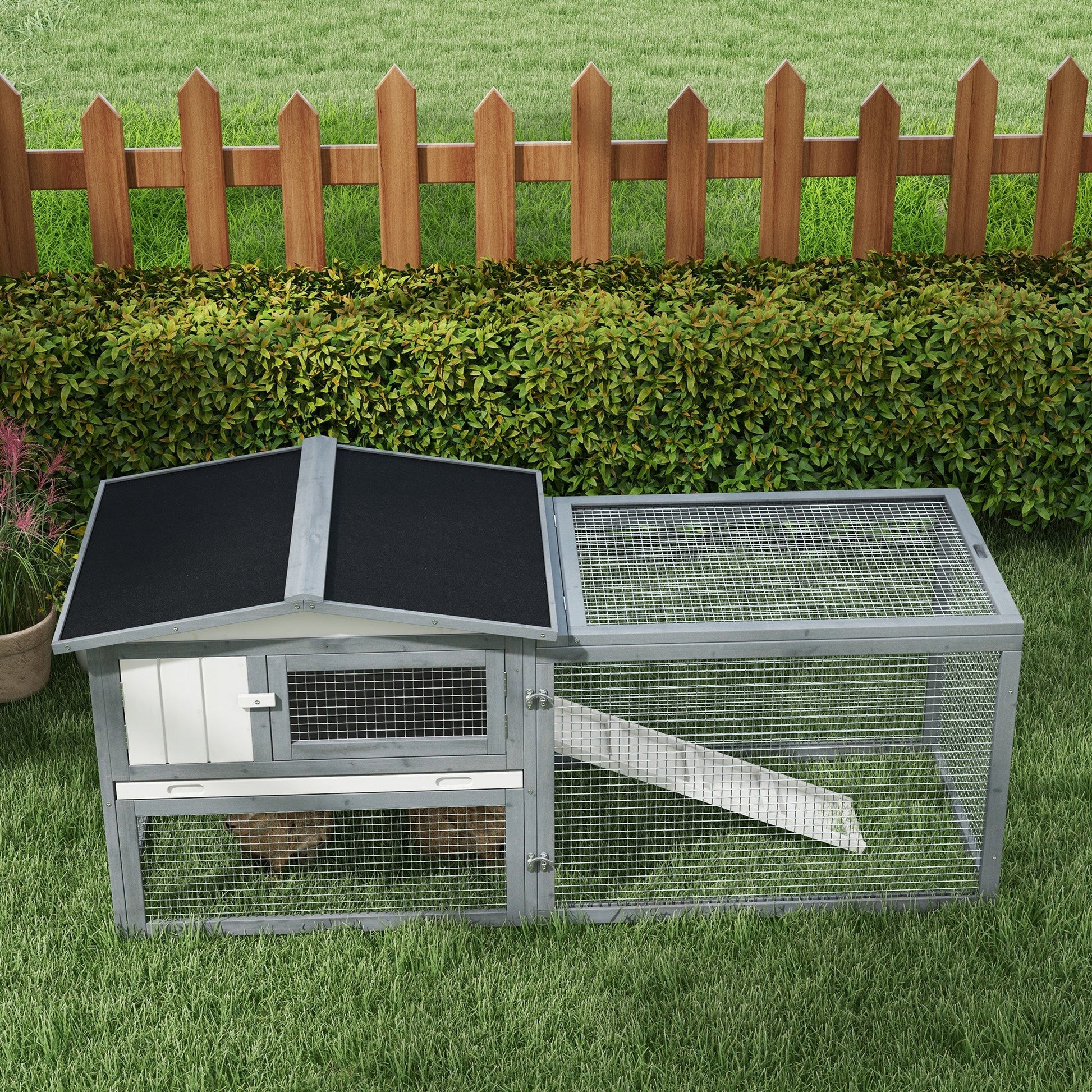 KFX-3695933 Large Outdoor Rabbit Hutch with Run, Removable Tray, Feeding Trough, and Ramp - Weatherproof Design in White