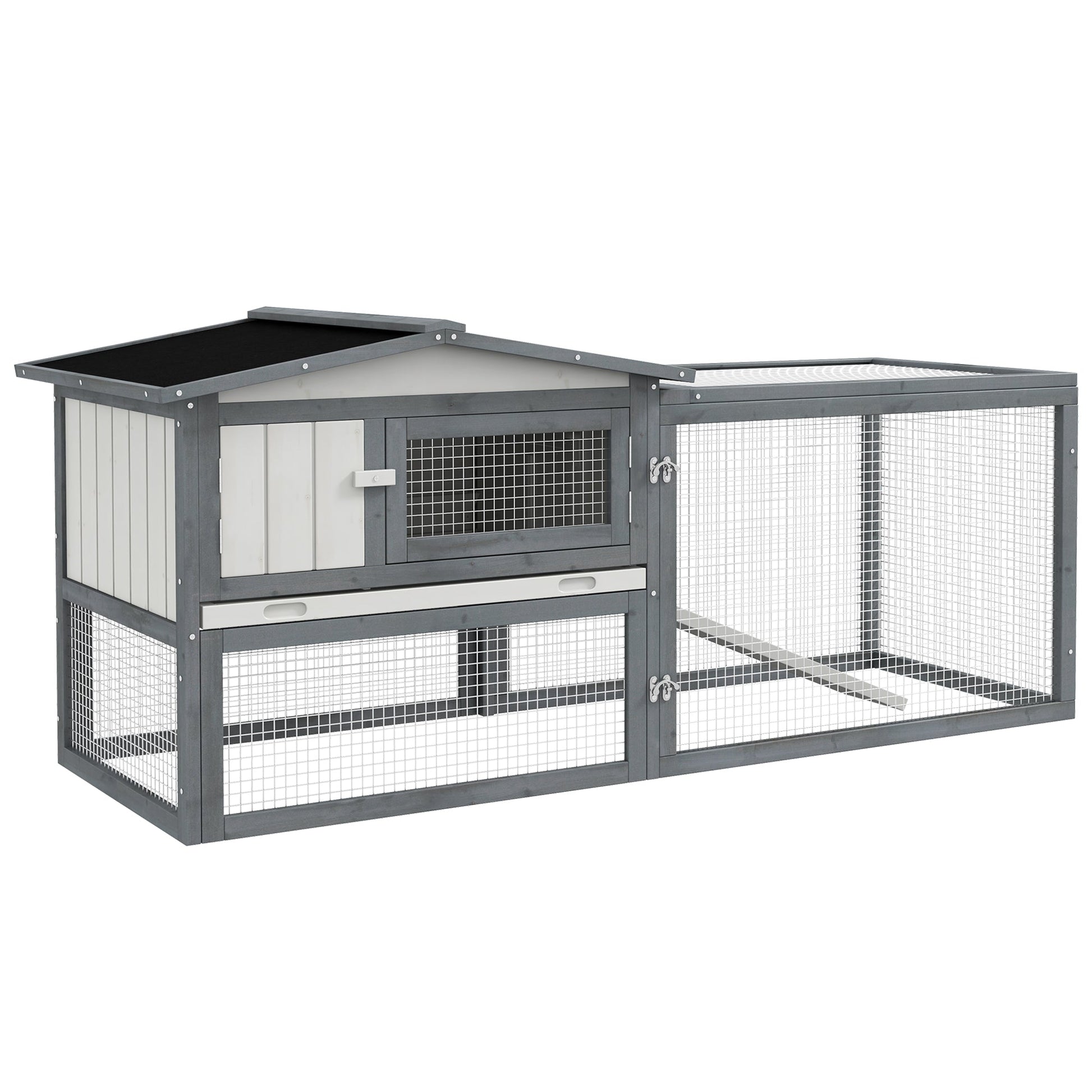 KFX-3695933 Large Outdoor Rabbit Hutch with Run, Removable Tray, Feeding Trough, and Ramp - Weatherproof Design in White