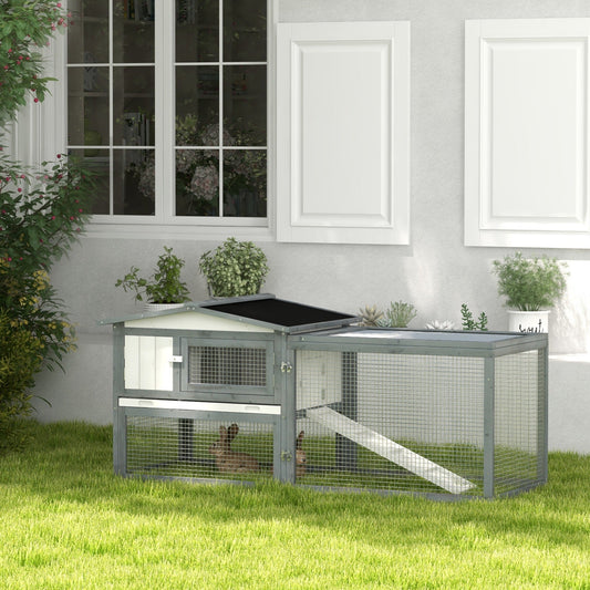 KFX-3695933 Large Outdoor Rabbit Hutch with Run, Removable Tray, Feeding Trough, and Ramp - Weatherproof Design in White