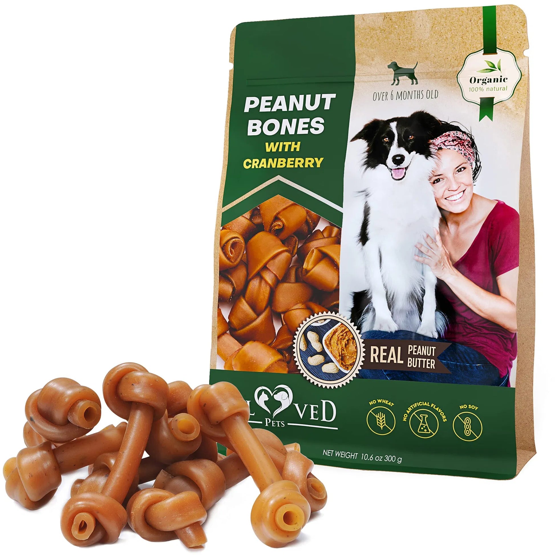 KFX-3698109 Peanut Butter Bones with Cranberry for Dogs - Rawhide-Free Chew Treats, Healthy Collagen Snacks for All Life Stages