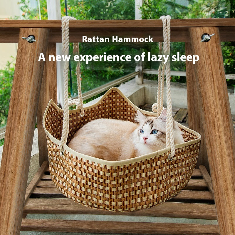 KFX-3699645 Rattan Cat Nest - Brown Straw Cat Hammock for Cats Under 15kg
