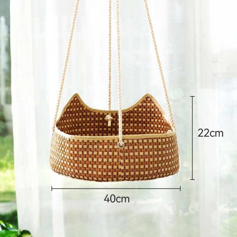 KFX-3699645 Rattan Cat Nest - Brown Straw Cat Hammock for Cats Under 15kg