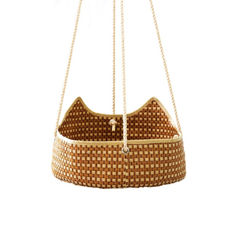 KFX-3699645 Rattan Cat Nest - Brown Straw Cat Hammock for Cats Under 15kg