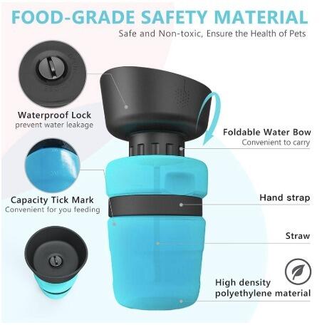 KFX-3703869 Foldable Pet Water Bottle with Integrated Bowl - BPA-Free Travel Water Dispenser for Dogs - 520ml Capacity