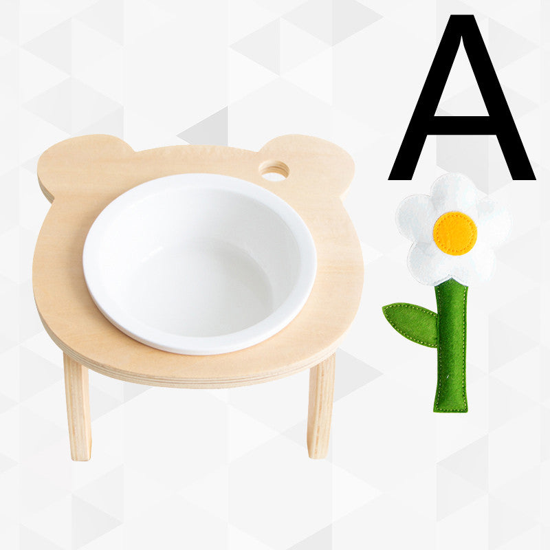 KFX-3709757 Ceramic Pet Bowl with Wooden Stand for Cats – Simple Design Water and Food Dish