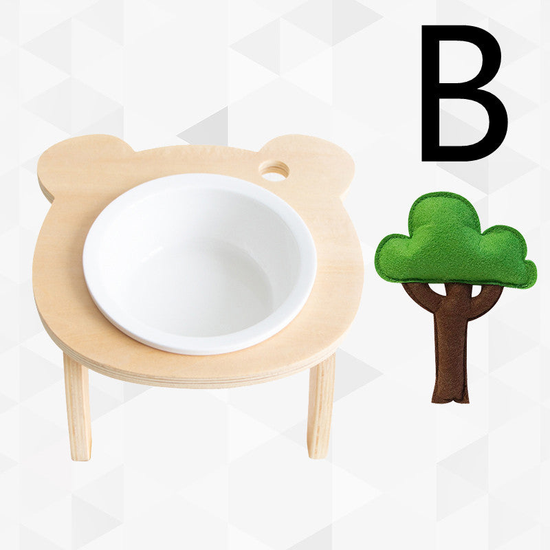 KFX-3709757 Ceramic Pet Bowl with Wooden Stand for Cats – Simple Design Water and Food Dish