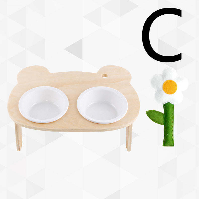 KFX-3709757 Ceramic Pet Bowl with Wooden Stand for Cats – Simple Design Water and Food Dish