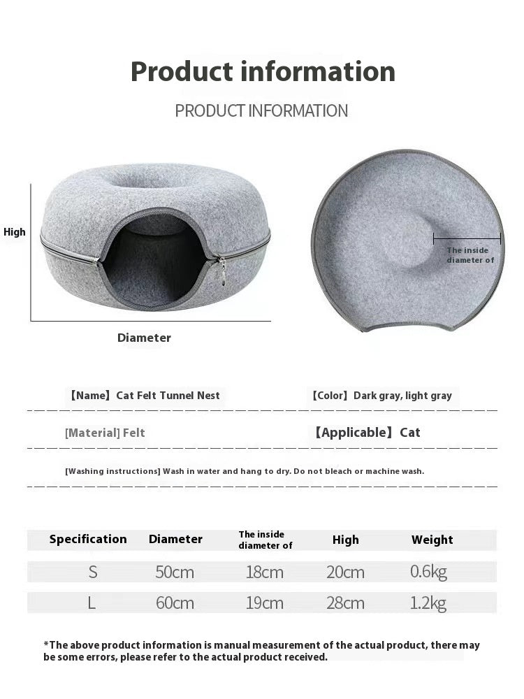 KFX-3719357 Cozy Round Cat Tunnel Nest - Soft Felt Pet Bed for Cats