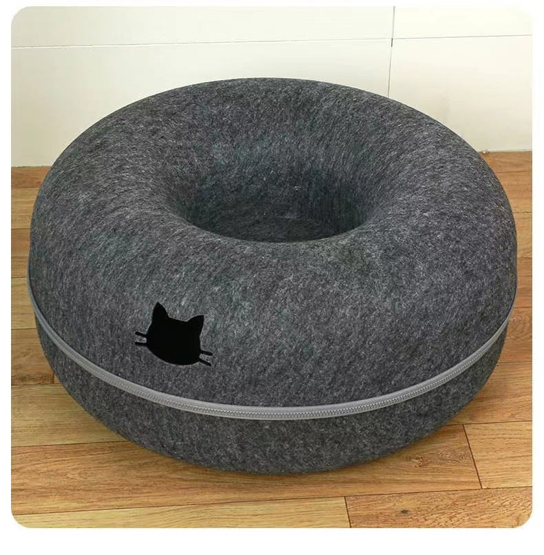 KFX-3719357 Cozy Round Cat Tunnel Nest - Soft Felt Pet Bed for Cats