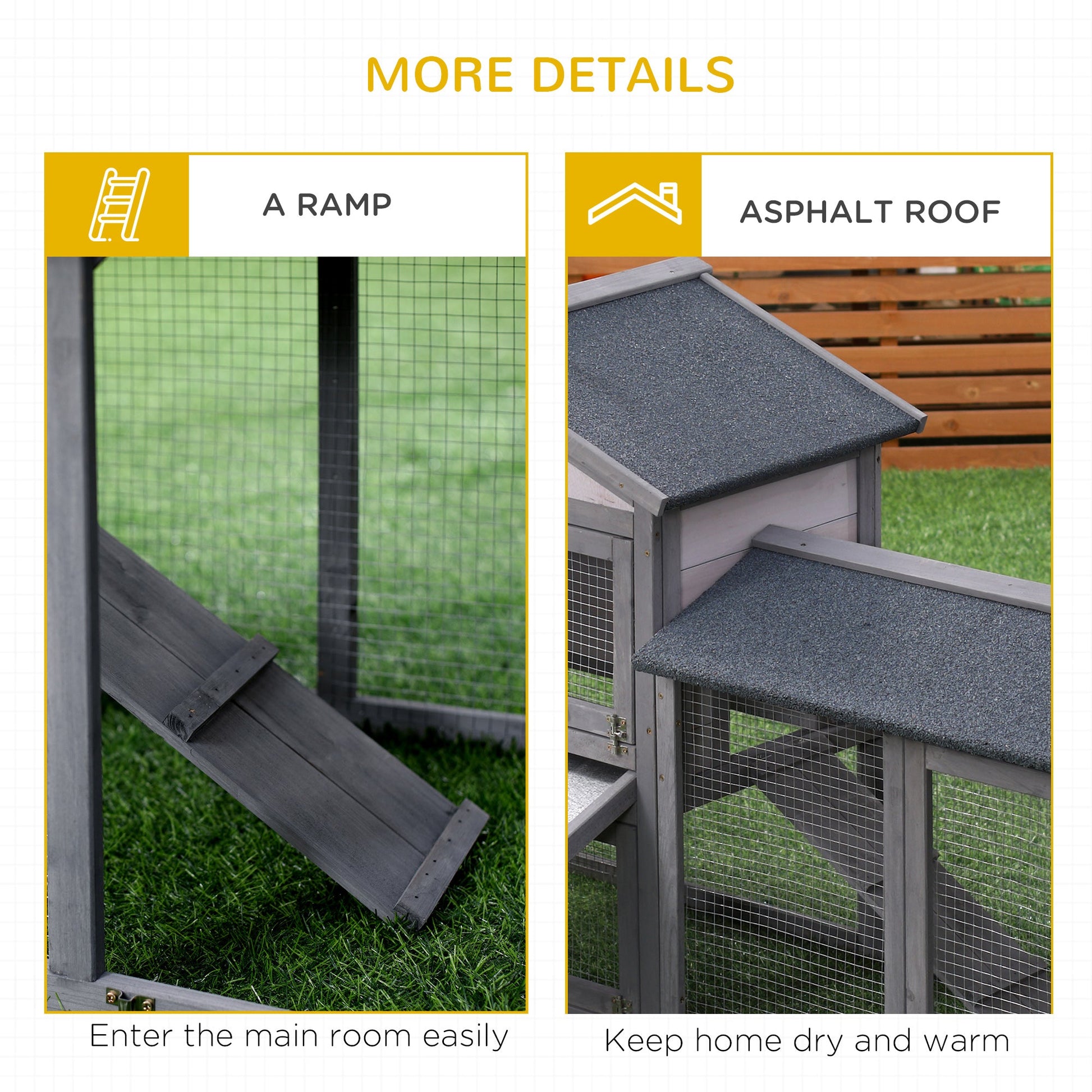 KFX-3722941 Outdoor Wooden Rabbit Hutch with Run Area, Removable Tray, Lockable Doors, and Asphalt Roof - Gray