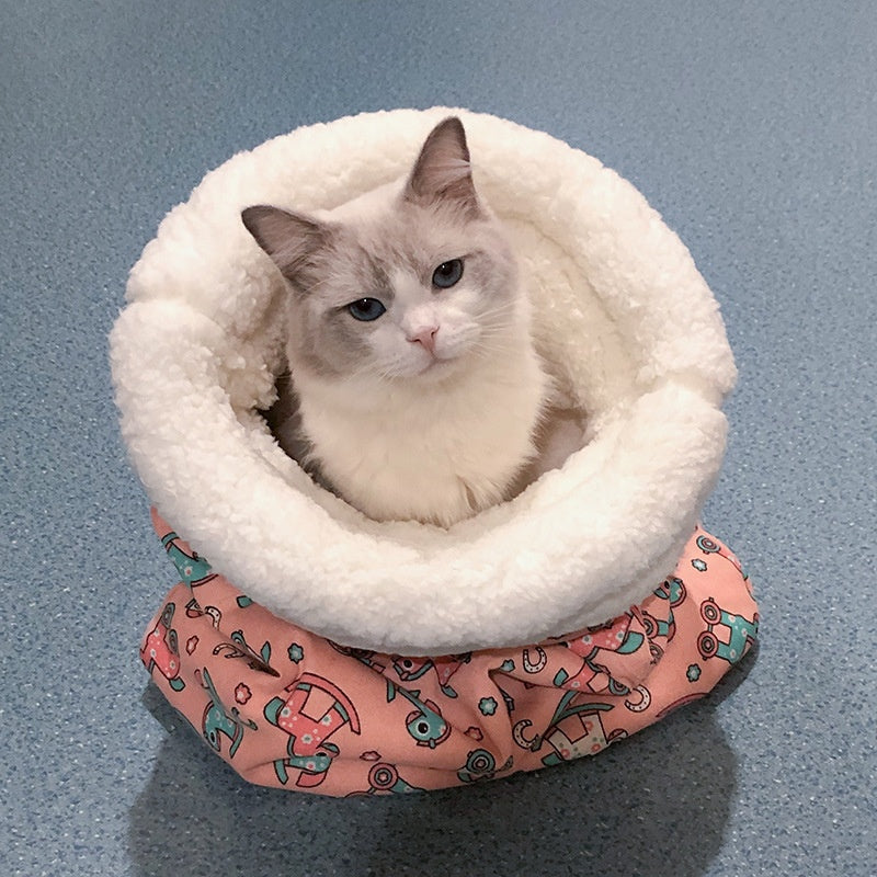 KFX-3723325 Cozy Pocketable Winter Sleeping Bag Cat Nest in Blue Rabbit, Pink Deer, and Yellow Bear Designs