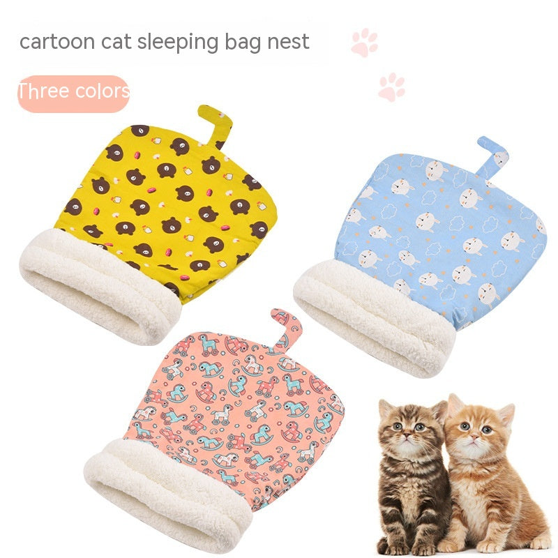 KFX-3723325 Cozy Pocketable Winter Sleeping Bag Cat Nest in Blue Rabbit, Pink Deer, and Yellow Bear Designs