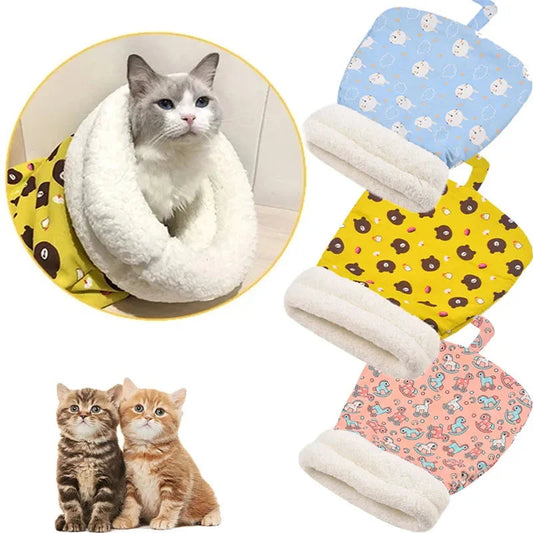 KFX-3723325 Cozy Pocketable Winter Sleeping Bag Cat Nest in Blue Rabbit, Pink Deer, and Yellow Bear Designs