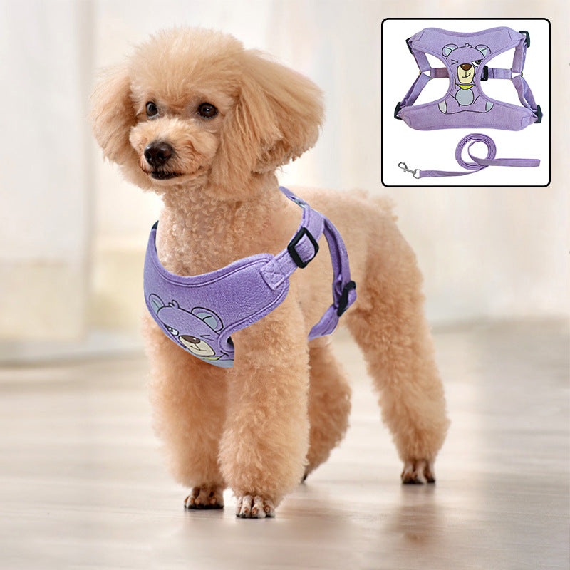 KFX-3724349 Suede Pet Harness with Chest Strap and Leash in Pink, Light Green, Dark Purple - Sizes S, M, L, XL