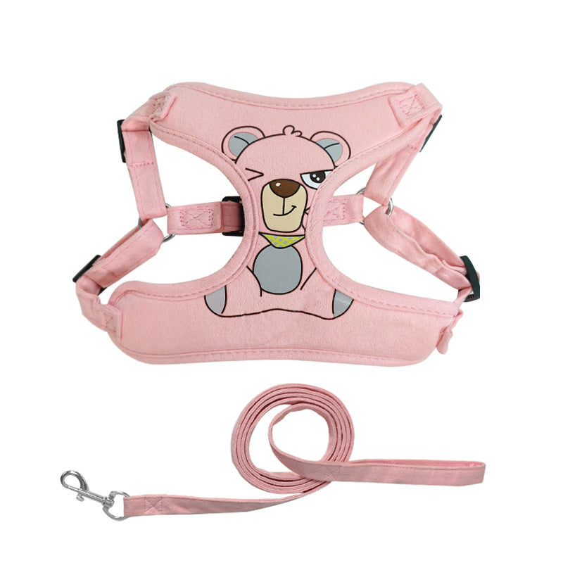 KFX-3724349 Suede Pet Harness with Chest Strap and Leash in Pink, Light Green, Dark Purple - Sizes S, M, L, XL