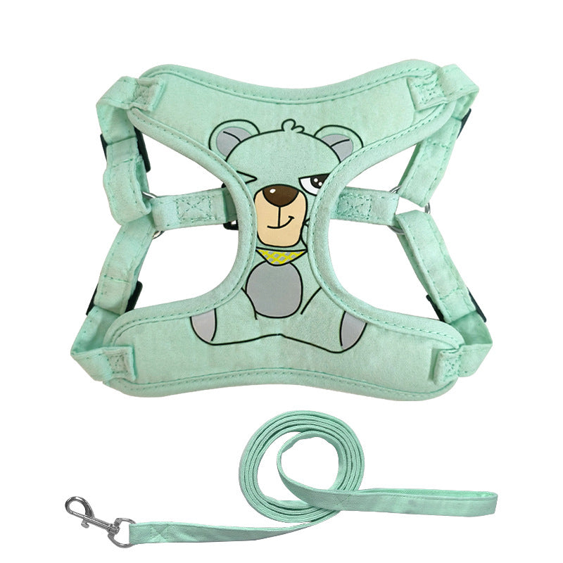 KFX-3724349 Suede Pet Harness with Chest Strap and Leash in Pink, Light Green, Dark Purple - Sizes S, M, L, XL
