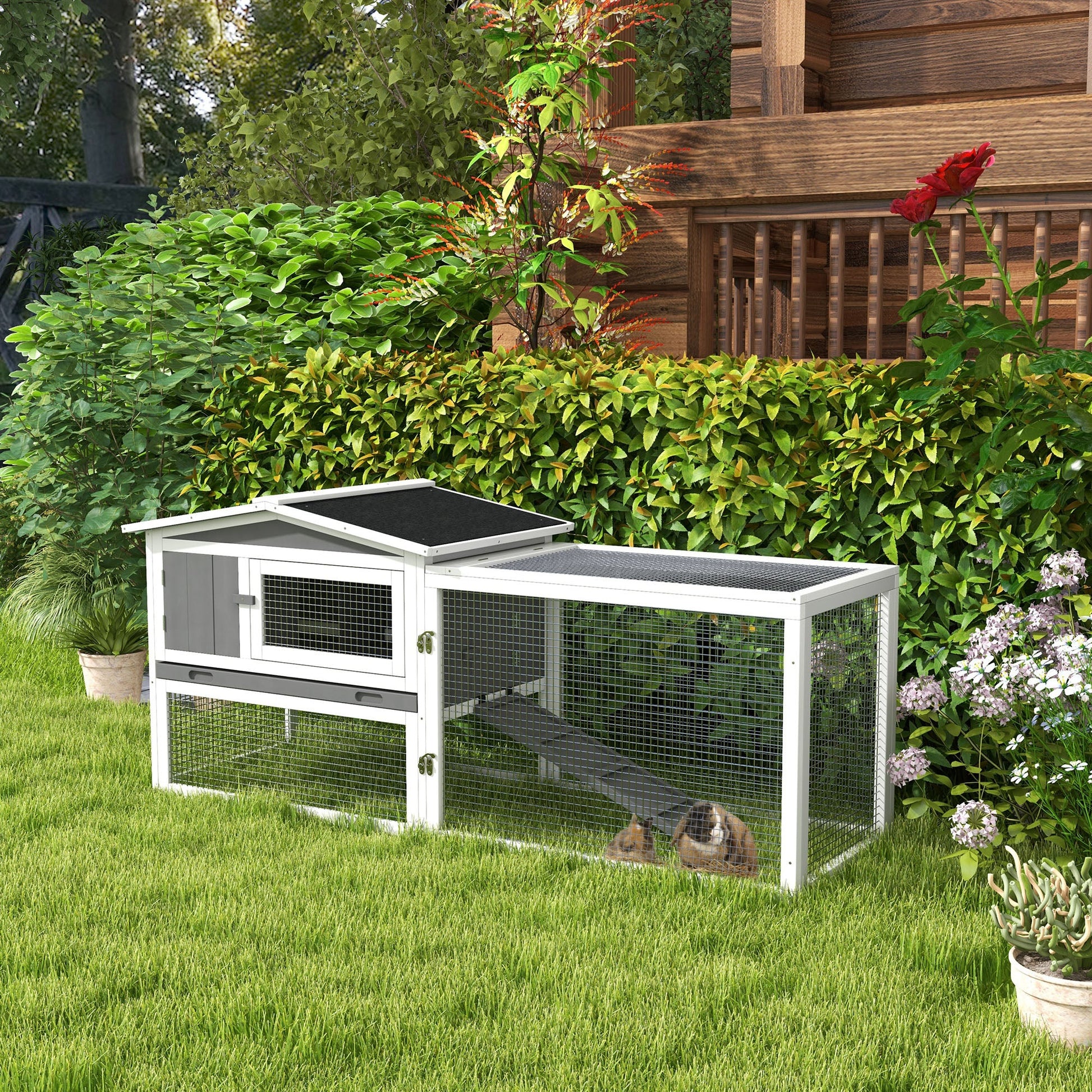 KFX-3728701 2-Story Rabbit Hutch with Removable Tray for Small Animals, Indoor/Outdoor Pet House, 61.5" x 23" x 27", Light Gray